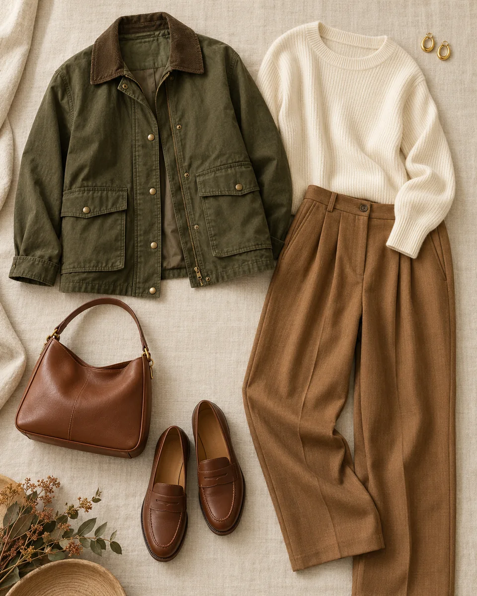 Flat lay of an olive jacket, cream knit, caramel trousers, a brown leather bag and matte gold earrings