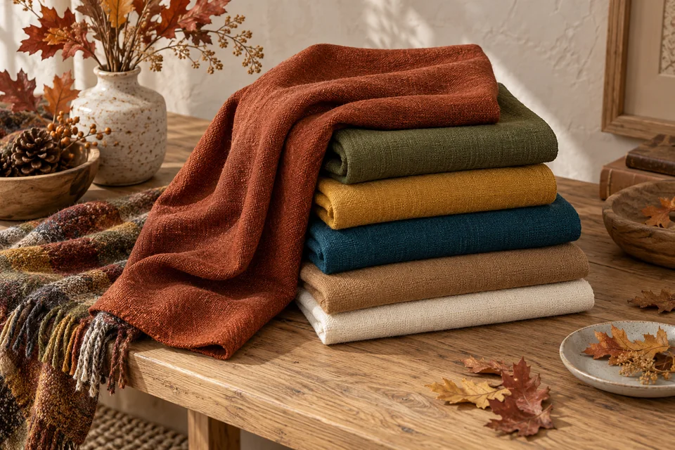 Fabrics in rust, olive, mustard, deep teal, camel and cream with fallen leaves and wood grain