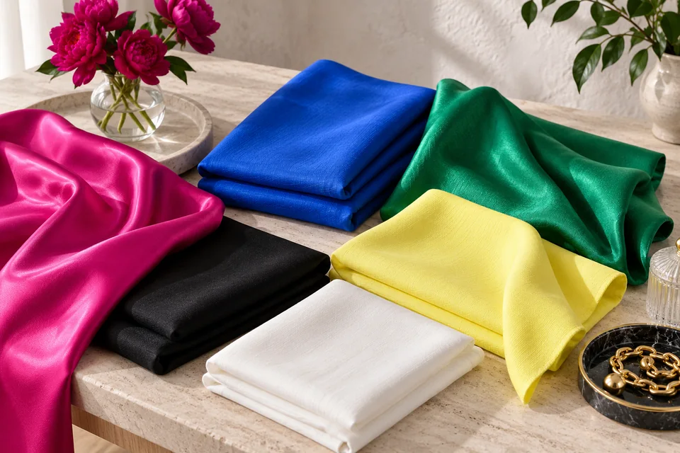 Glossy fabrics in fuchsia, electric blue, emerald, icy lemon, black and white