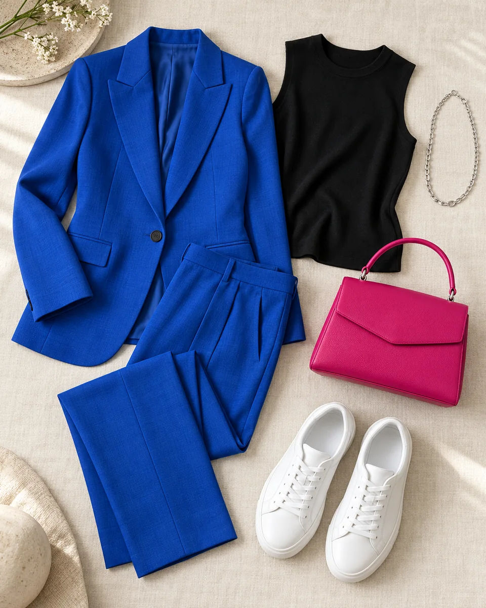 Flat lay of an electric blue blazer, black top, fuchsia bag, white sneakers and silver jewelry