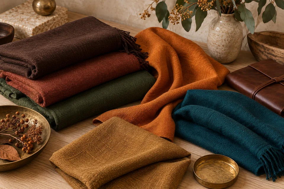 Fabrics in deep chocolate, deep rust, dark olive, pumpkin, deep teal and golden brown with leather and brass objects