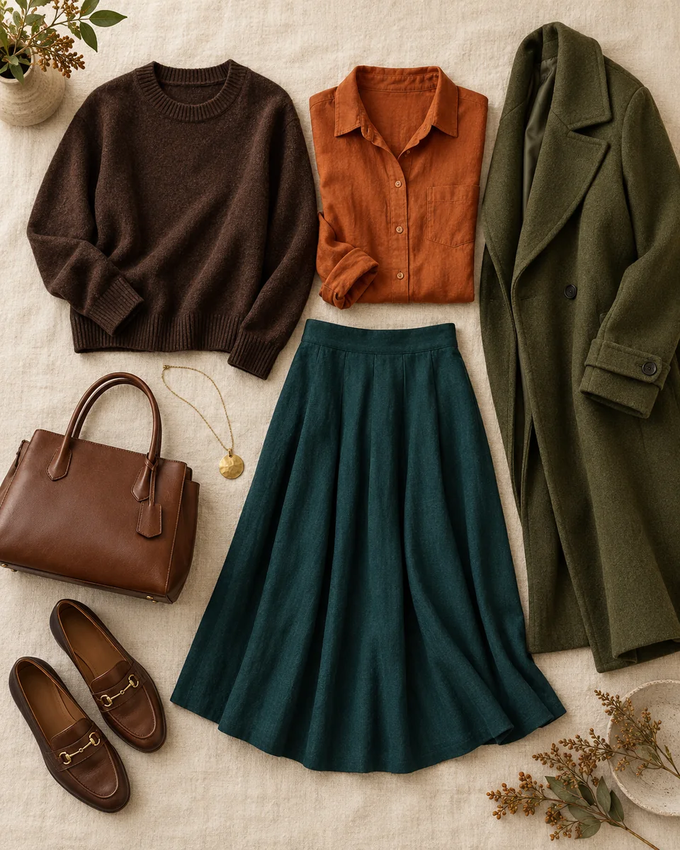 Flat lay of a chocolate knit, dark olive jacket, pumpkin shirt, deep teal skirt and brass jewelry