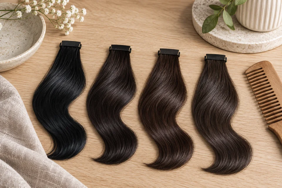 Hair swatches in blue-black, deep cool brown, dark chocolate and cool espresso