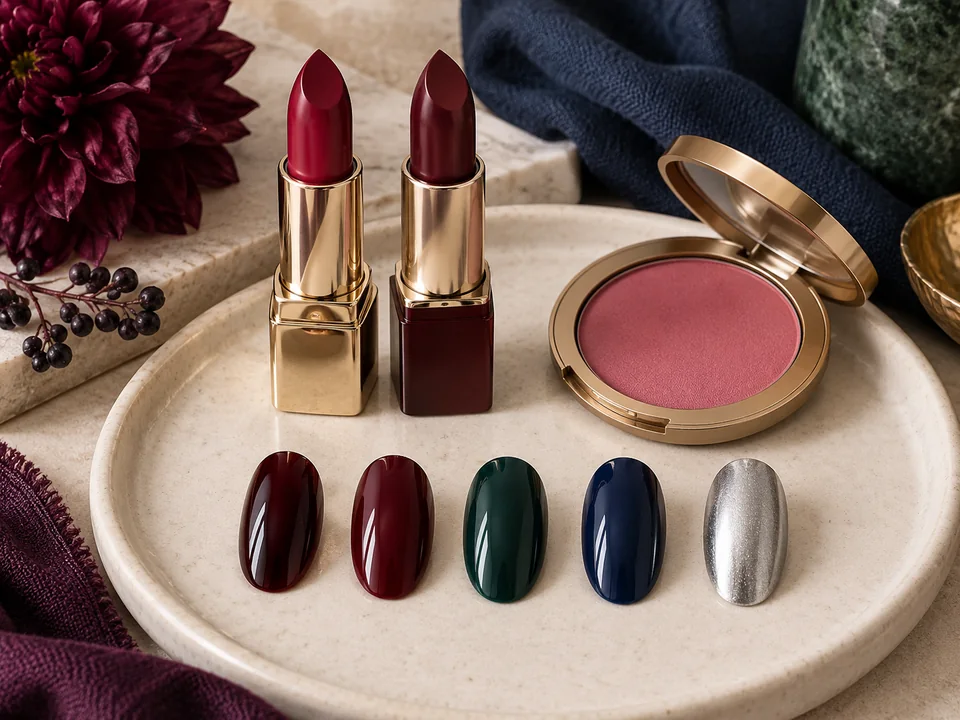 Five nail tips in black cherry, wine, deep green, navy and silver beside deep berry and wine lipsticks