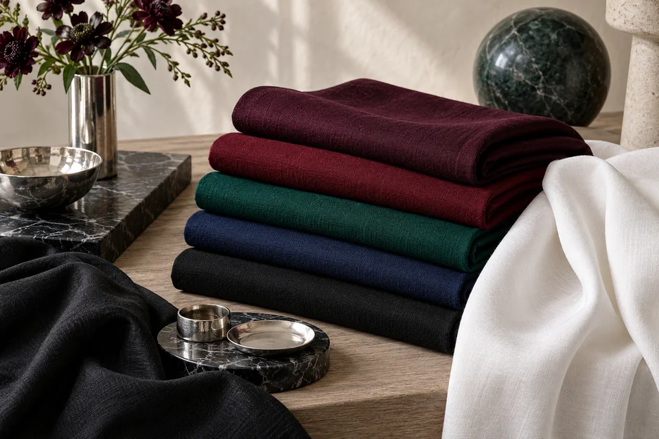Fabrics in black, deep wine, black cherry, deep emerald, ink blue and optic white on dark marble with silver objects