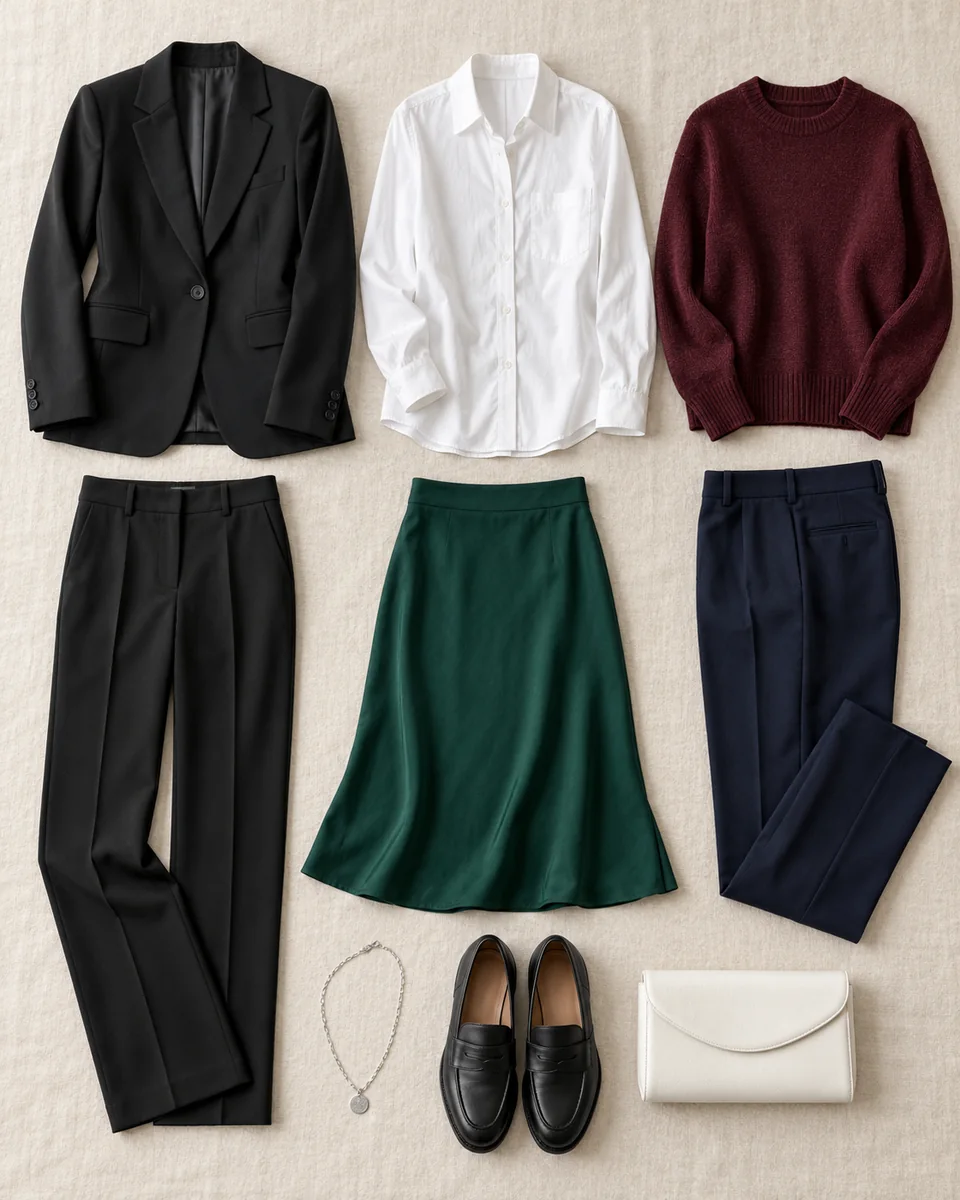 Flat lay of a black blazer, optic white shirt, wine knit, deep green skirt, ink navy trousers and silver jewelry