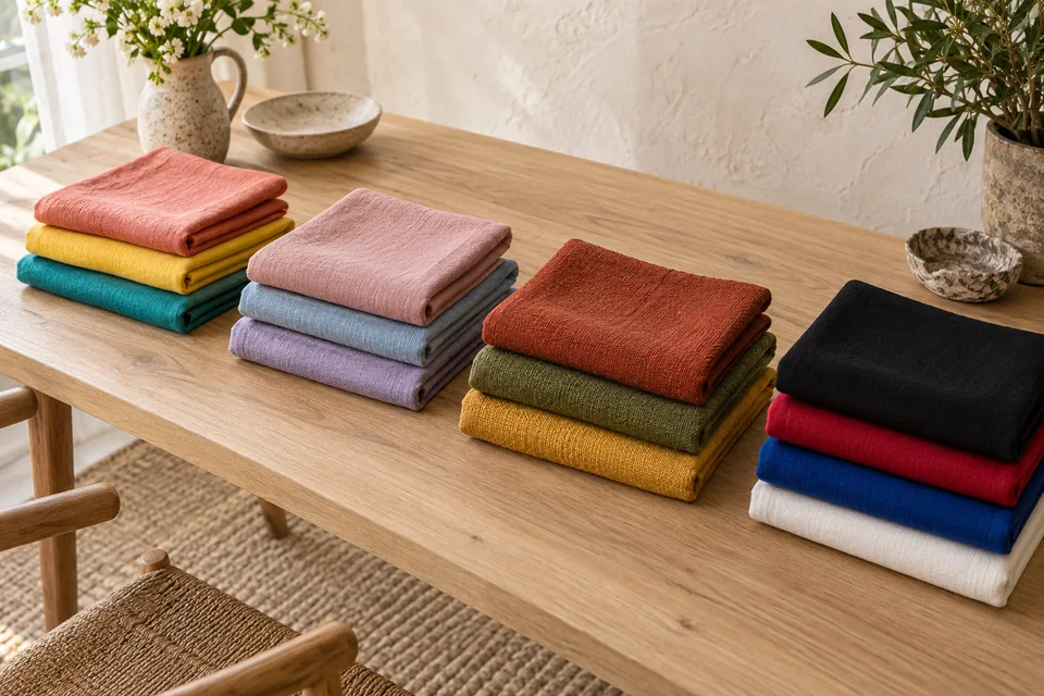 Quatro grupos de tecidos dobrados sobre mesa longa de carvalho: coral e turquesa quentes, rosa e azul enevoados, ferrugem e oliva, e preto, rubi e azul royal