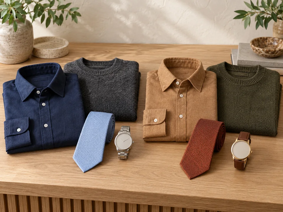 Camisas, malhas, gravatas e relógio sobre superfície de madeira, com azul-marinho, carvão e azul gelado de um lado e camel, oliva e ferrugem do outro