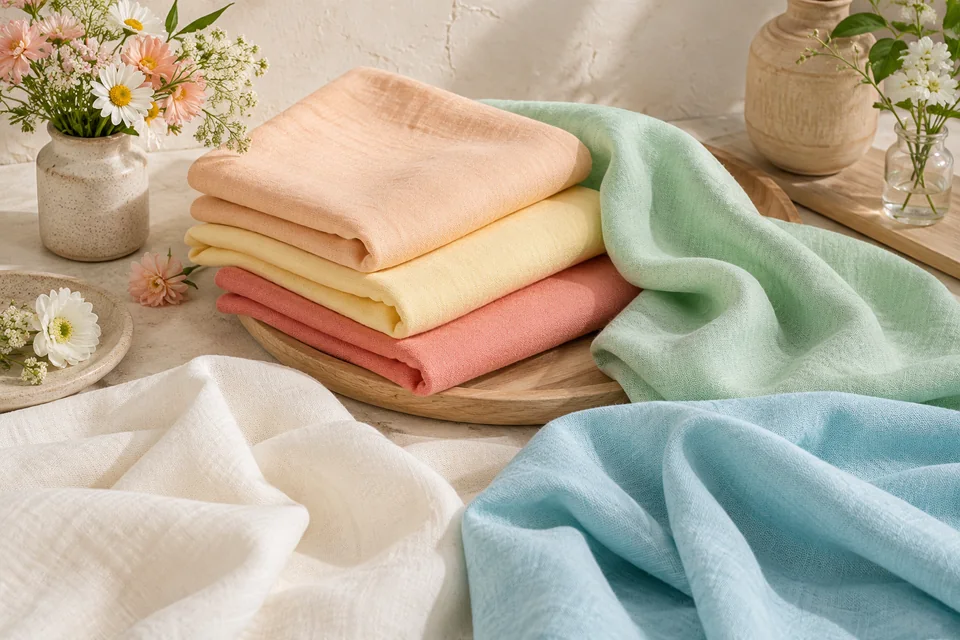Fabrics in light peach, butter yellow, light coral, mint, light aqua and warm white with small flowers and pale wood