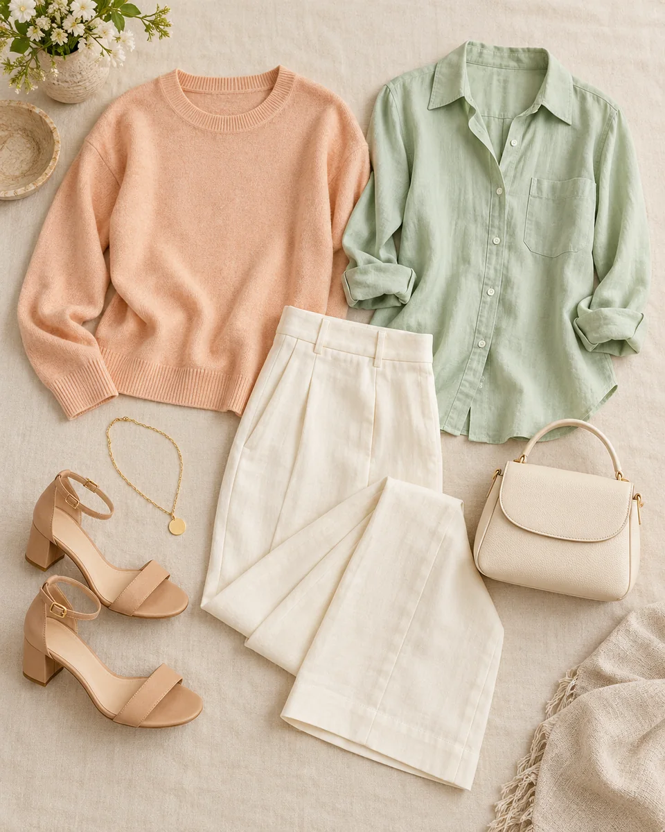 Flat lay of a light peach sweater, warm white trousers, mint shirt, light camel sandals and fine gold jewelry