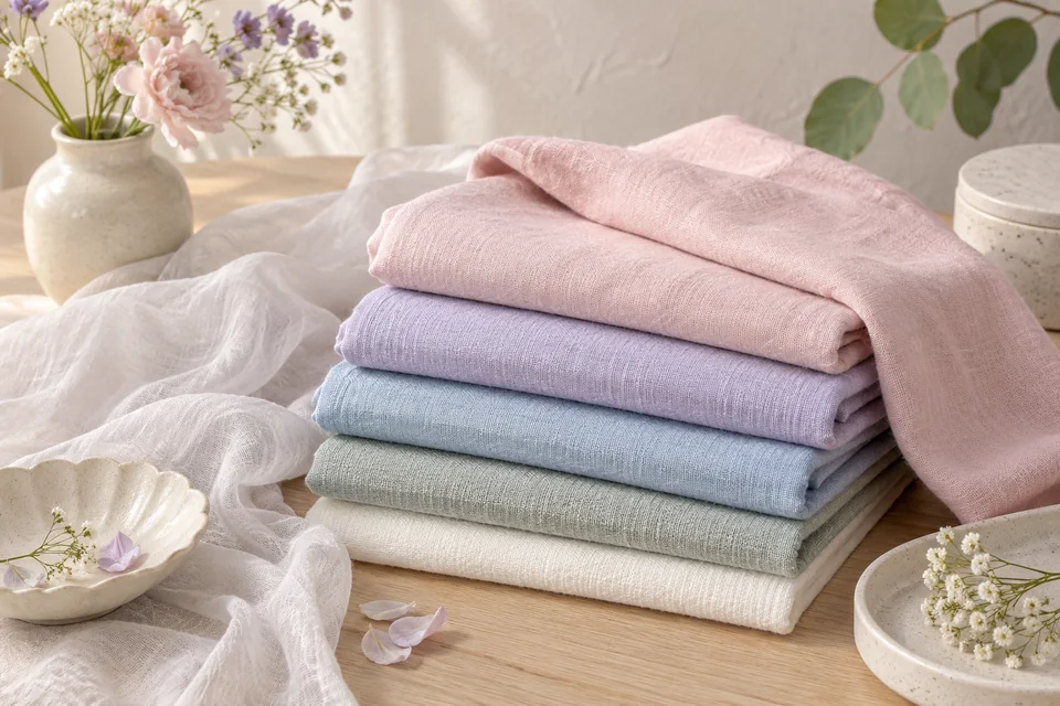 Stoffe in Hellrosa, hellem Lavendel, Puderblau, Mintgrau und sanftem Weiß mit durchscheinender Gaze und heller Keramik