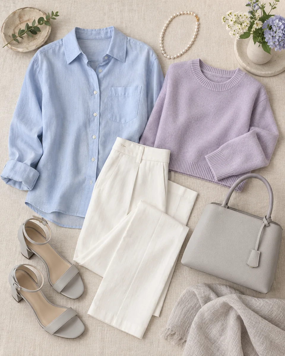 Flatlay mit puderblauem Hemd, Strick in hellem Lavendel, sanftweißer Hose, hellgrauen Sandalen und Perlen