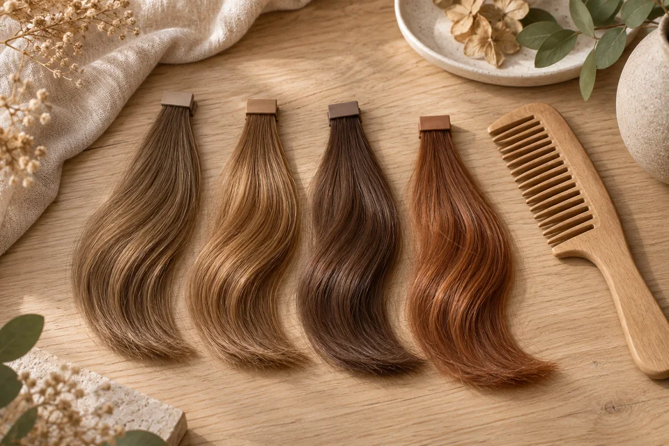 A row of hair swatches in soft golden brown, honey brown, milk-chocolate and soft copper beside a wooden comb