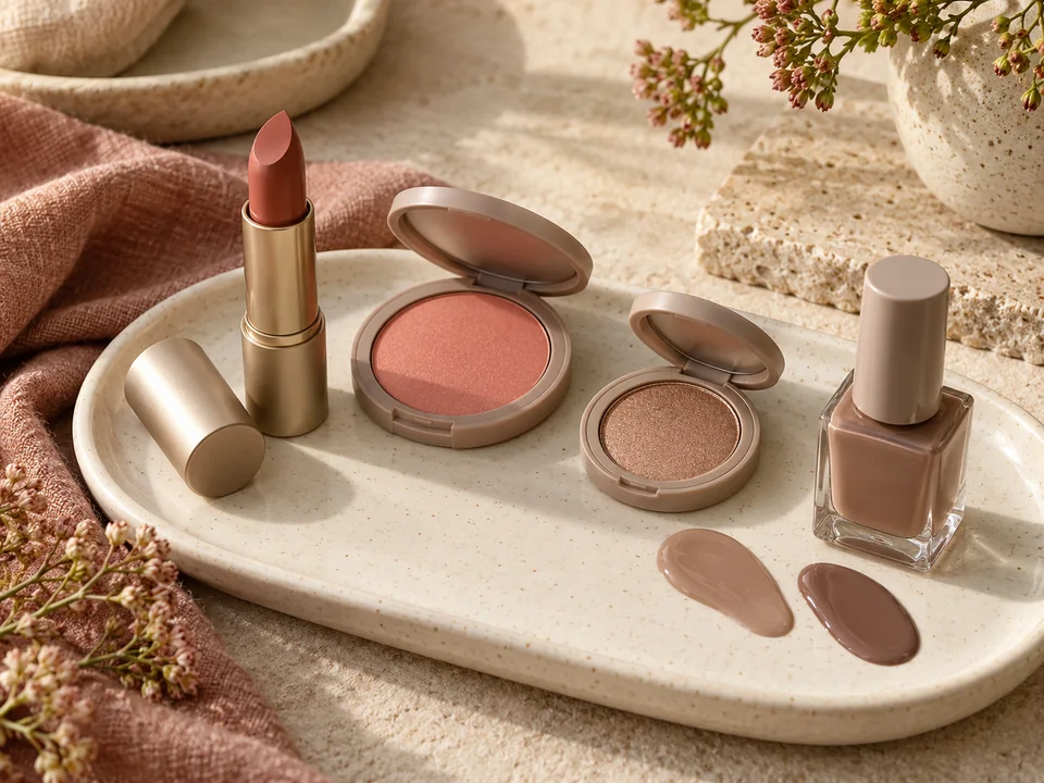 Warm rose-brown lipstick, soft peach blush, soft copper eyeshadow and nude-brown nail polish swatches on a ceramic tray