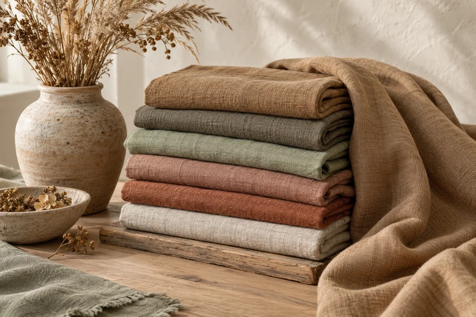 Fabrics in soft camel, gray olive, sage, warm rose-brown, soft rust and oatmeal beside dried grasses and a ceramic jar