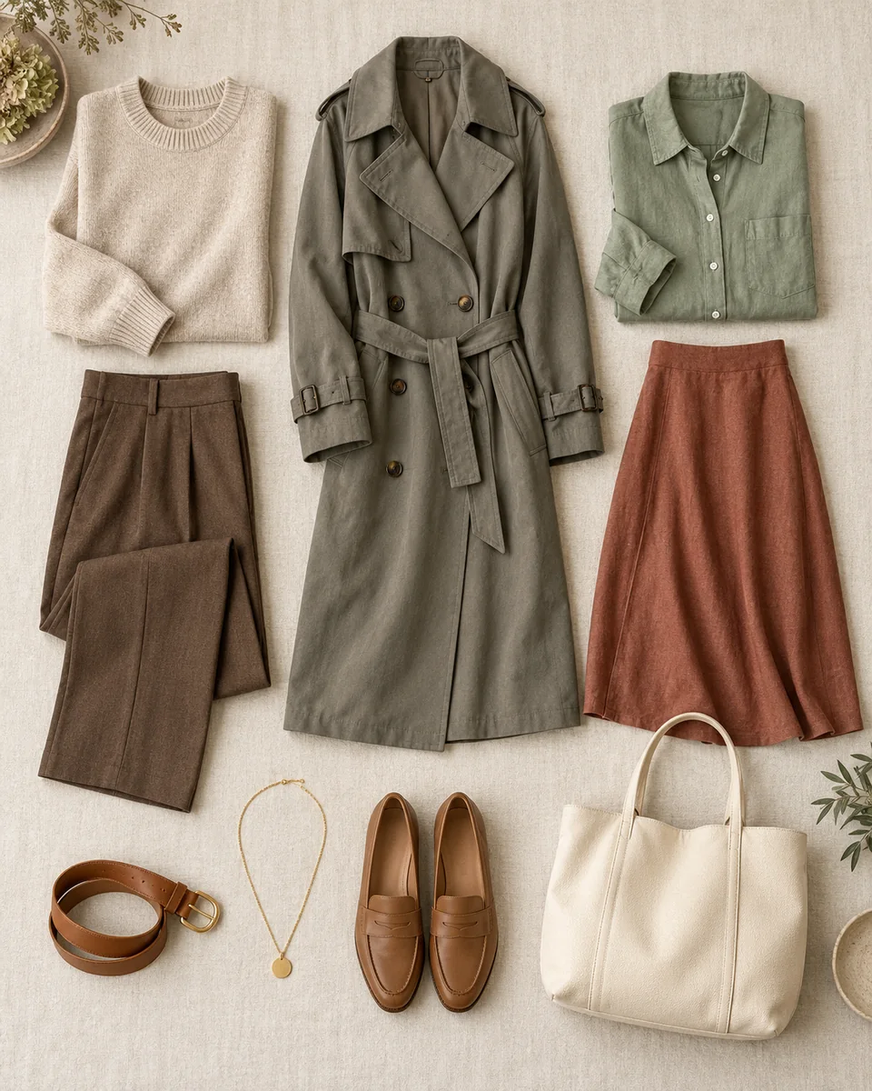 Flat lay of an oatmeal knit, gray olive trench, warm brown trousers, sage shirt, soft rust skirt, caramel belt and matte gold jewelry
