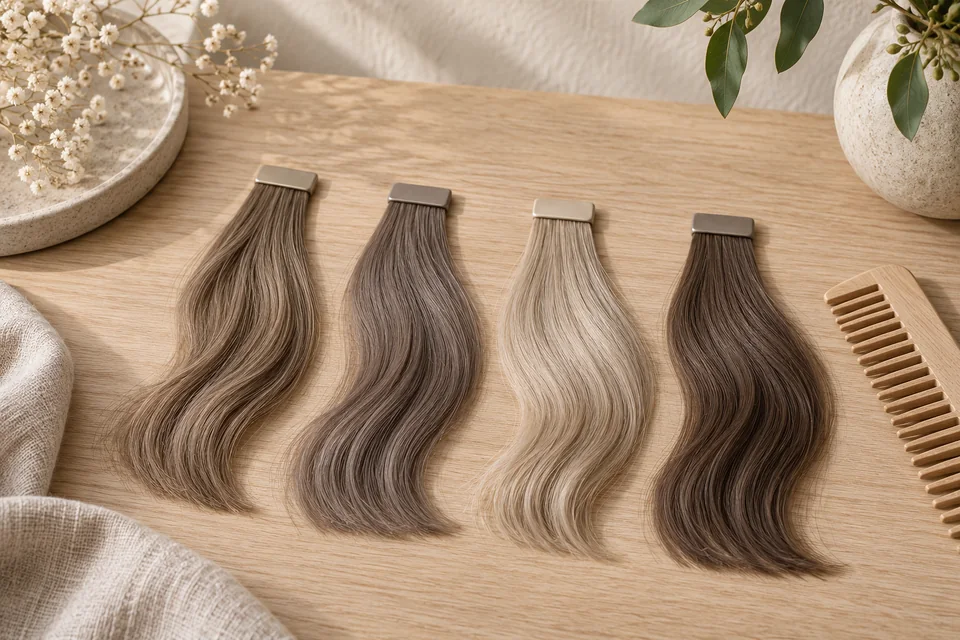 Hair swatches in cool light brown, ash brown, gray-blonde and soft cool brown
