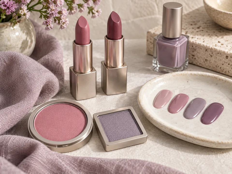Gray-rose and berry lipsticks, cool pink blush, gray-lilac eyeshadow and gray-pink nail polish swatches