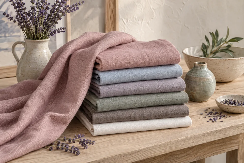 Fabrics in dusty rose, misty blue, gray lilac, gray-green, cocoa-gray and soft white with lavender sprigs and ceramics