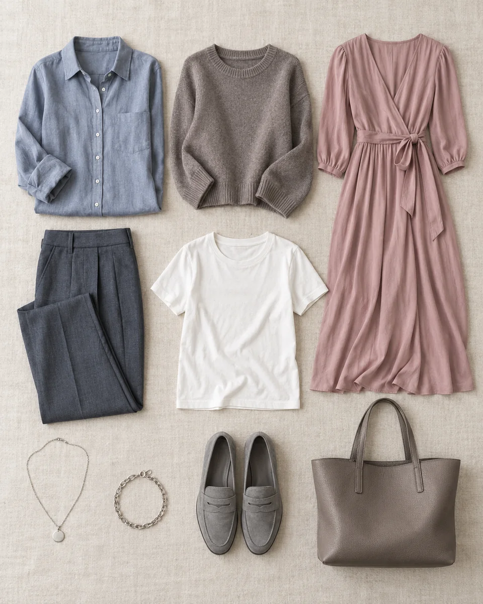 Flat lay of a gray-blue shirt, cocoa-gray knit, dusty rose dress, charcoal-blue trousers, soft white tee and white-gold jewelry