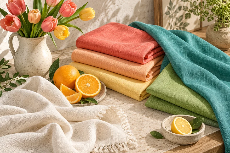 Tecidos dobrados em coral, damasco, amarelo quente, turquesa e verde maçã, ao lado de tulipas e fatias cítricas sobre mesa marfim