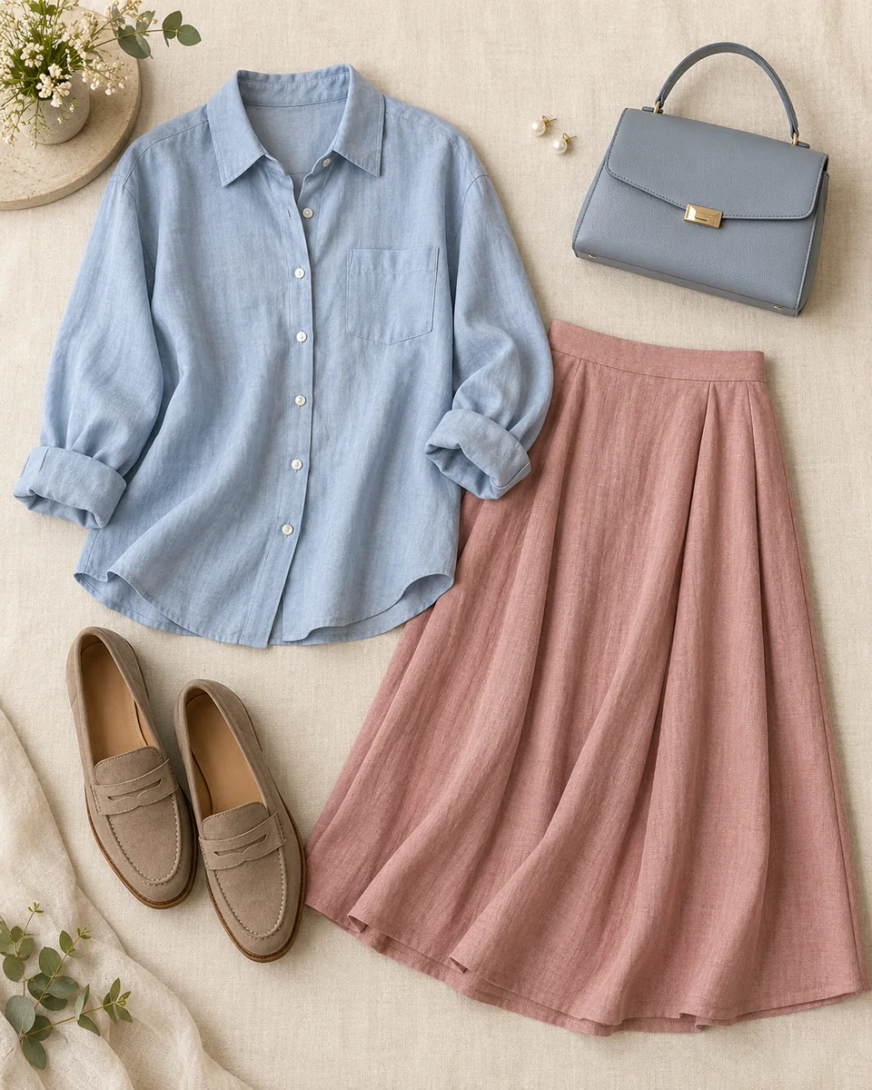 Flat lay of a misty blue shirt, dusty rose midi skirt, taupe loafers and pearl earrings