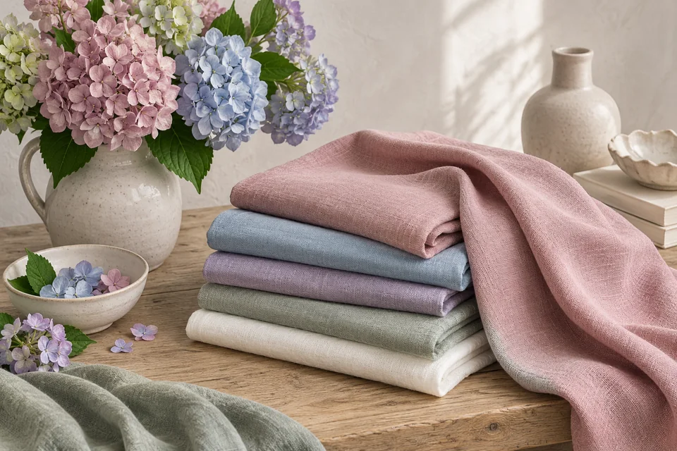 Fabrics in dusty rose, misty blue, lavender and gray-green with hydrangeas and pale ceramics