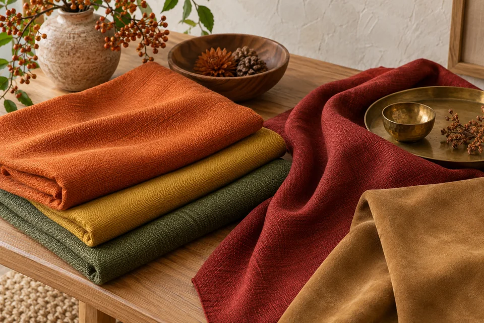 Fabrics in pumpkin orange, mustard, moss green, brick red and golden camel with suede, brass and wood