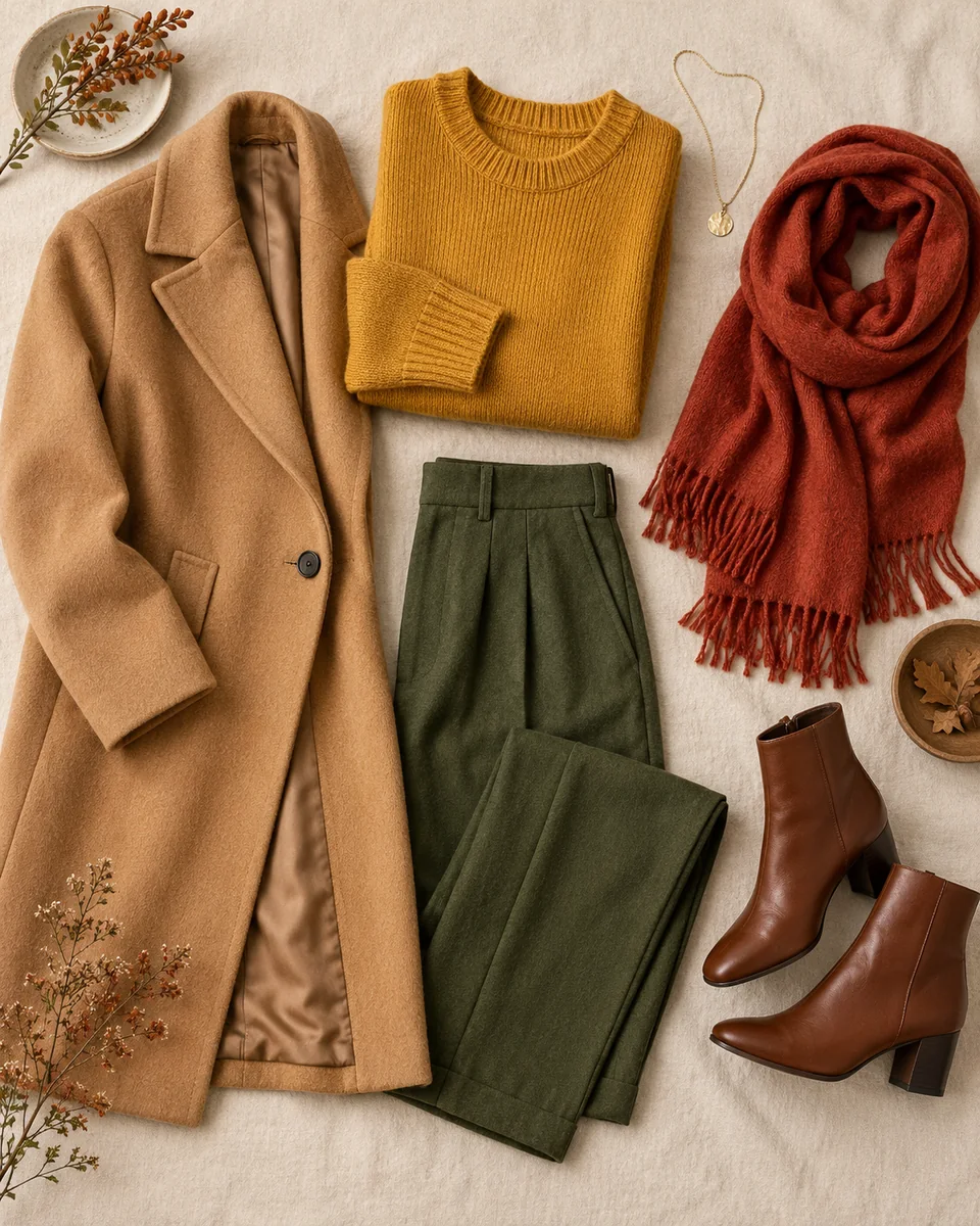 Flat lay of a camel coat, mustard knit, moss trousers, brick red scarf, brown boots and gold jewelry