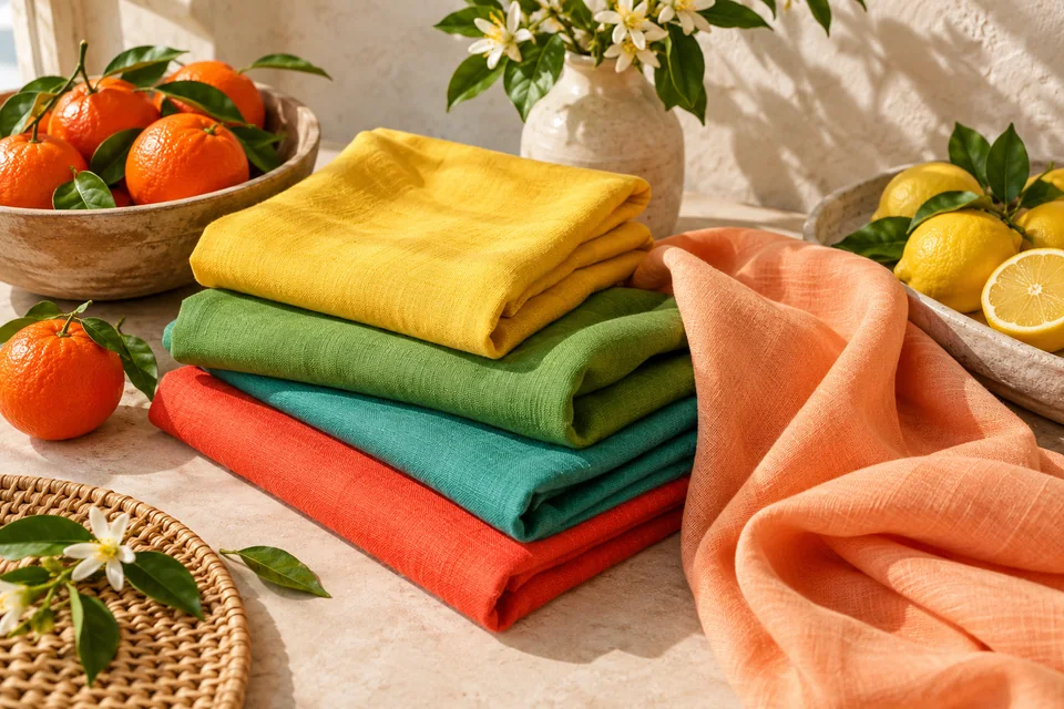 Fabrics in tangerine, golden yellow, grass green, warm turquoise and apricot with citrus fruit in bright sunlight