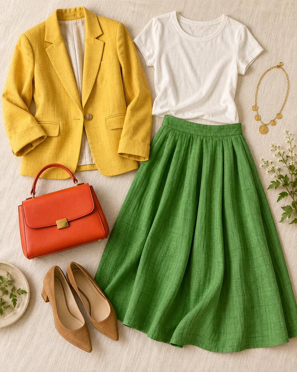 Flat lay of a golden yellow jacket, warm white tee, grass green skirt, tangerine bag and gold jewelry