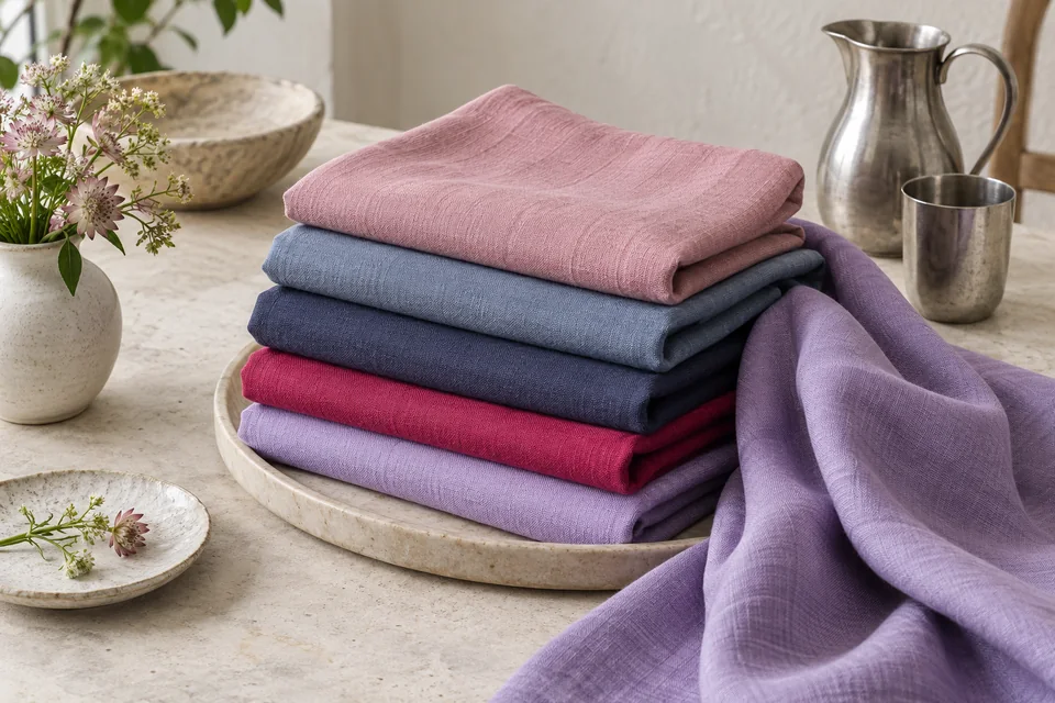 Fabrics in cool rose, blue-gray, navy-gray, raspberry and cool lavender beside silver objects