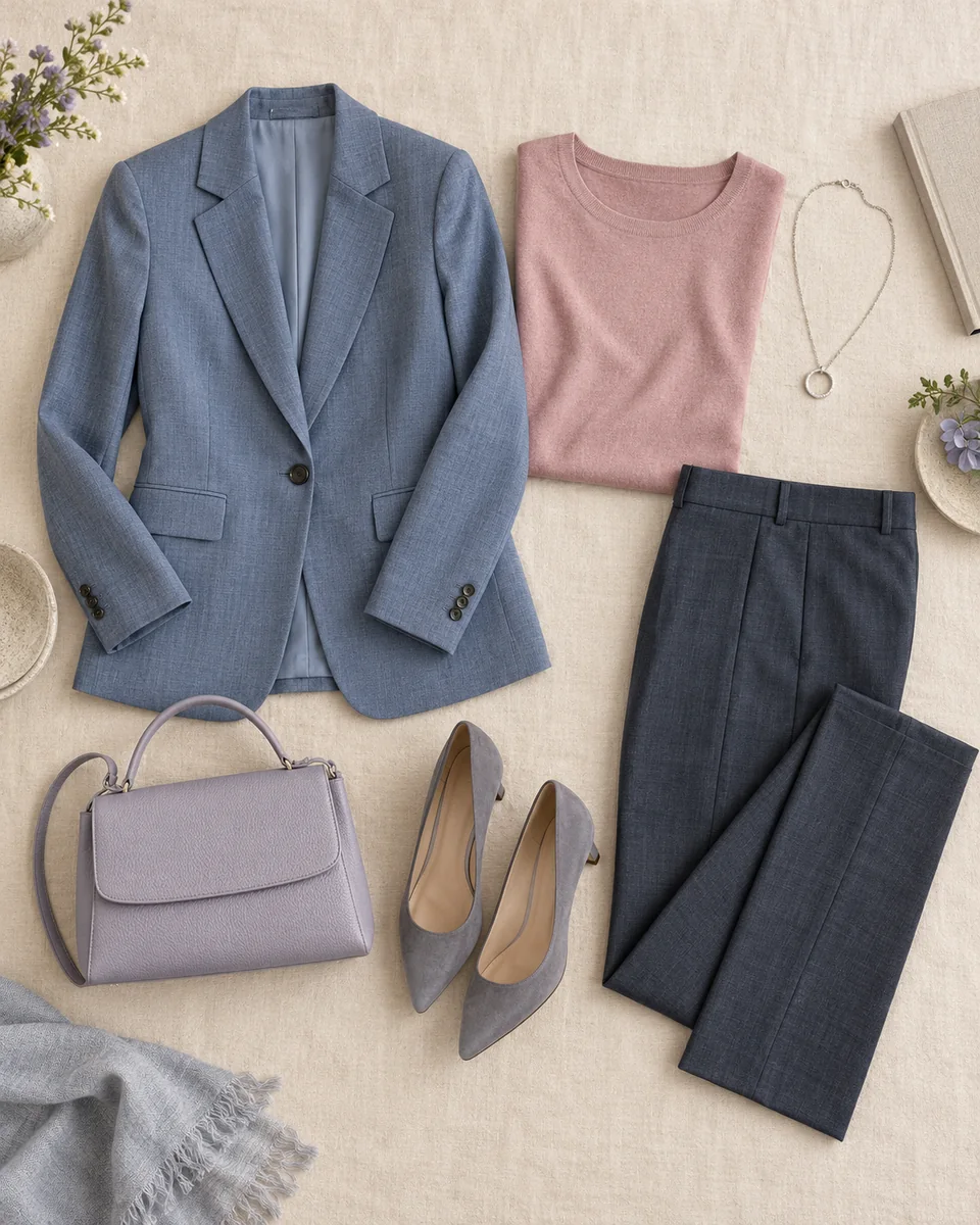 Flat lay of a blue-gray blazer, cool rose top, navy-gray trousers and silver jewelry