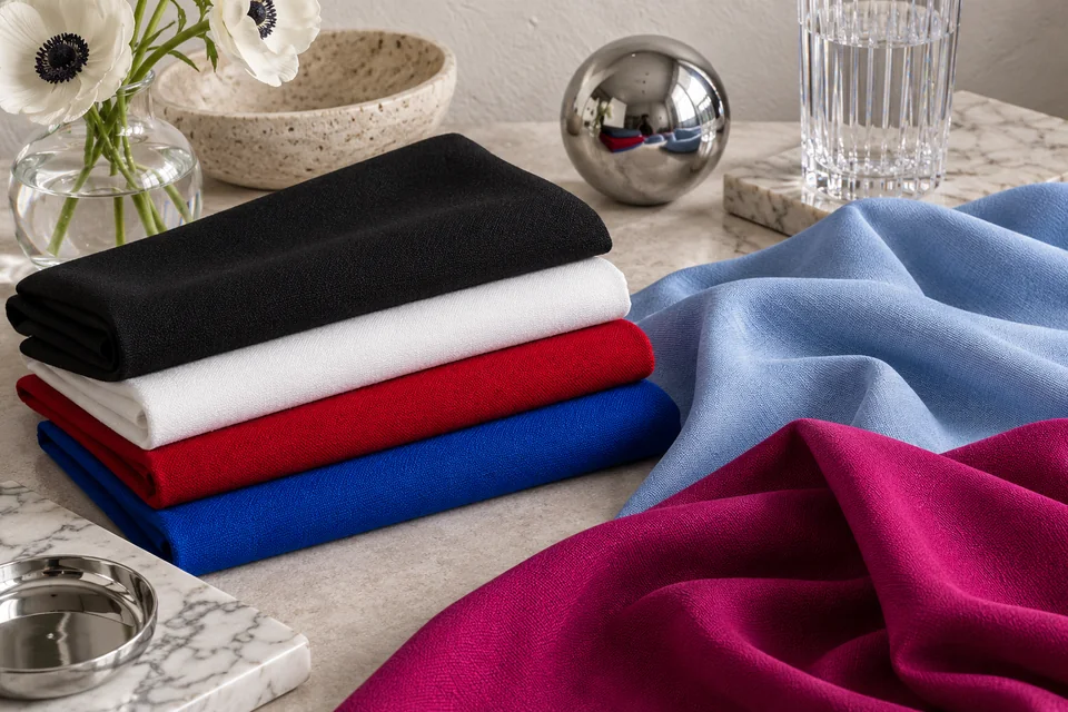 Fabrics in black, optic white, cool red, royal blue, icy blue and magenta with glass and chrome objects