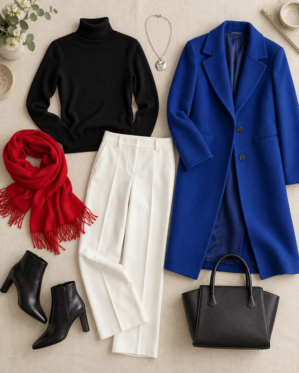 Flat lay of a black turtleneck, optic white trousers, royal blue coat, cool red scarf and silver jewelry