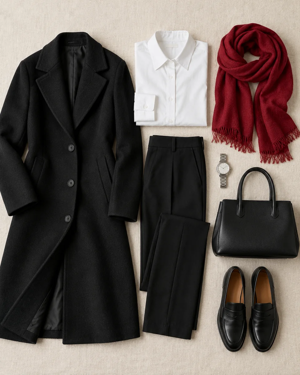 Flat lay of a black coat, white shirt, ruby scarf and a silver watch