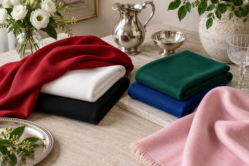 Fabrics in black, optic white, ruby, emerald, royal blue and icy pink beside silver and glass objects