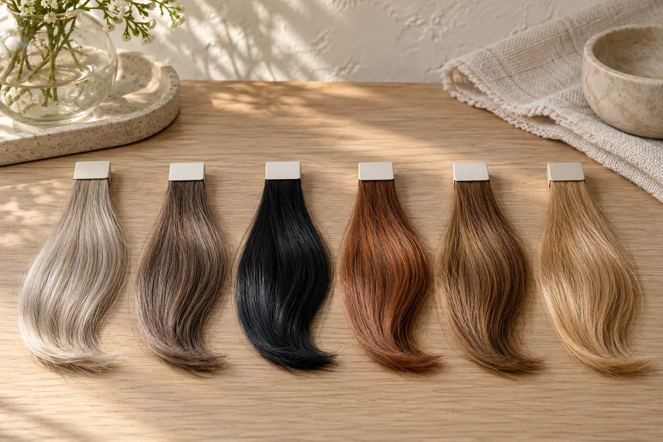 A row of hair swatches on wood graded from cool ash blonde, ash brown and blue-black to warm copper, caramel and honey blonde