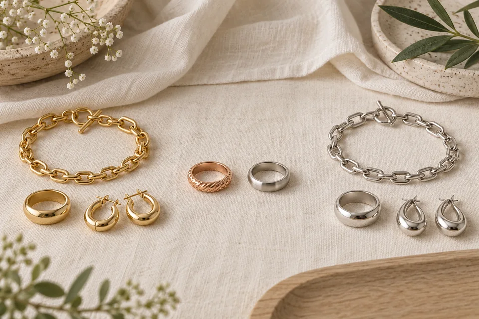 Gold and silver bracelets, rings and earrings side by side on linen, with a rose gold and a white gold ring between them