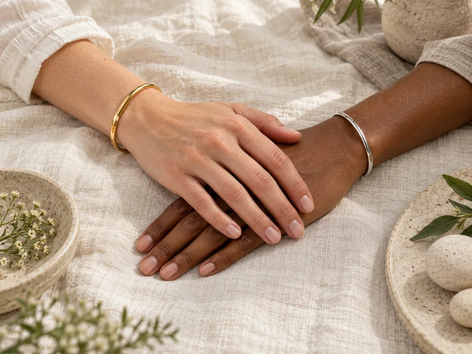 Two hands with different skin depths, one wearing gold bangles and the other silver bangles, resting on linen