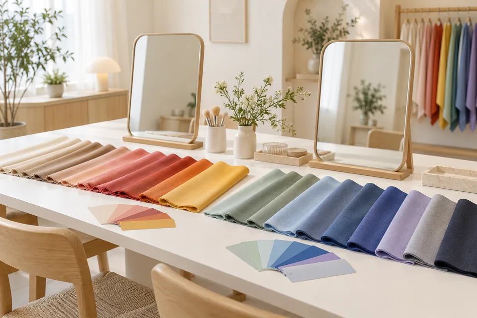 A minimal personal color studio with a long white table, a mirror and rows of fabric swatches and color cards grouped by color family