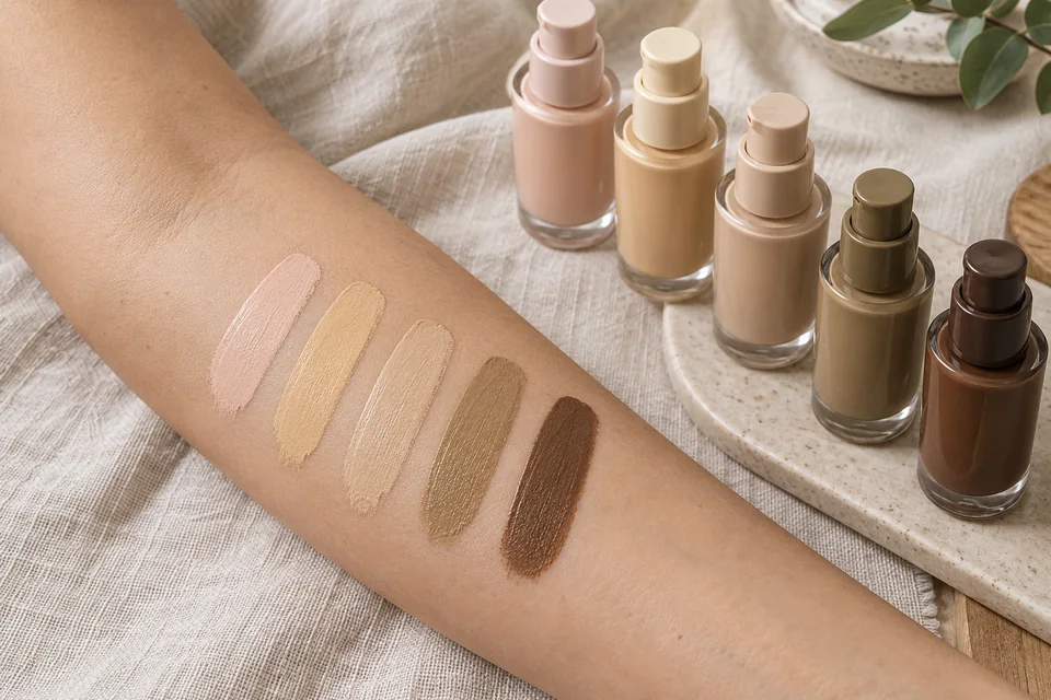 Five foundation swatches on an inner forearm — pinkish, yellow, neutral, olive and deep — beside unlabeled foundation bottles