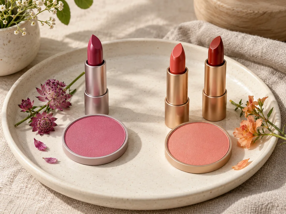 Unlabeled lipsticks and blush pans on ceramic, with berry and cool pink on one side and coral, brick and peach on the other