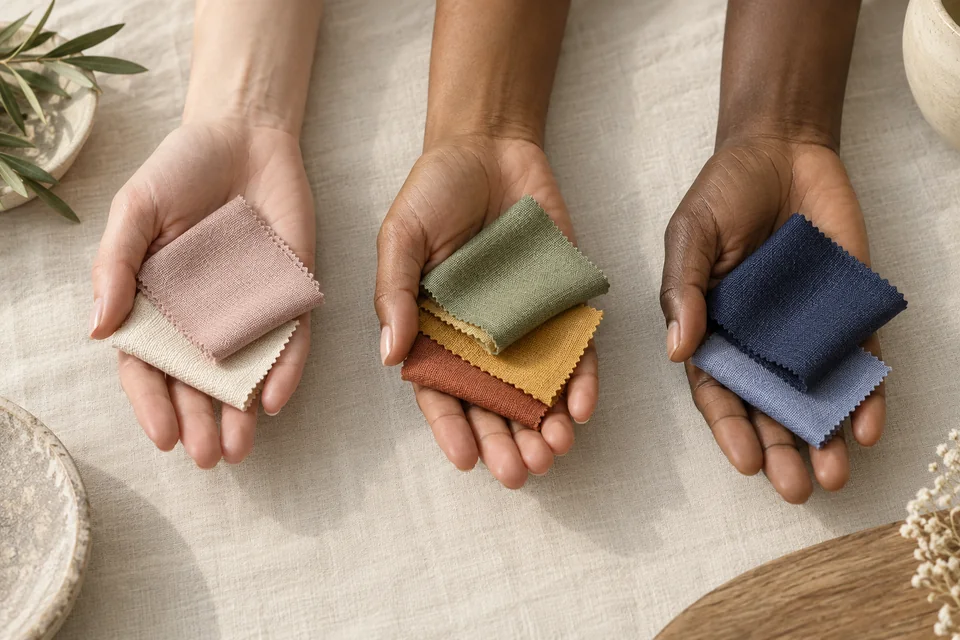 Three hands with light, medium and deep skin each holding two or three fabric swatches in different colors
