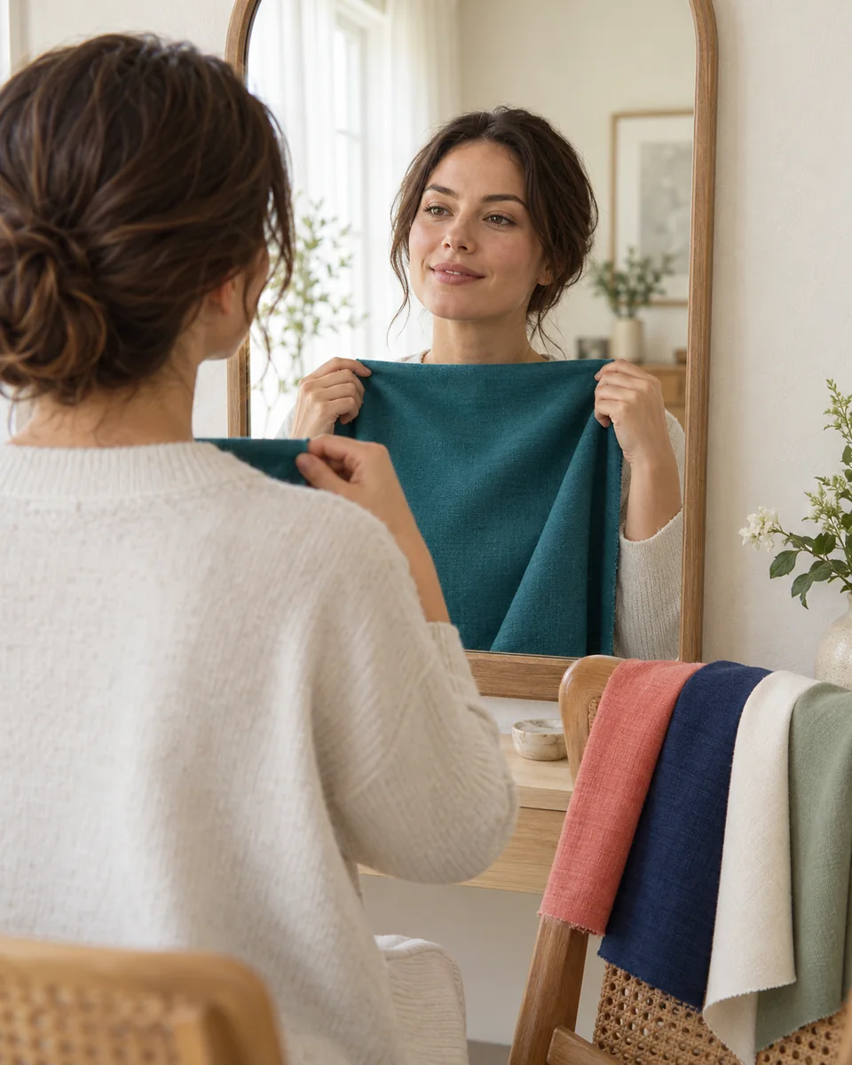 A person in natural light holding a colored fabric under their chin in front of a mirror, with more fabrics draped on a chair