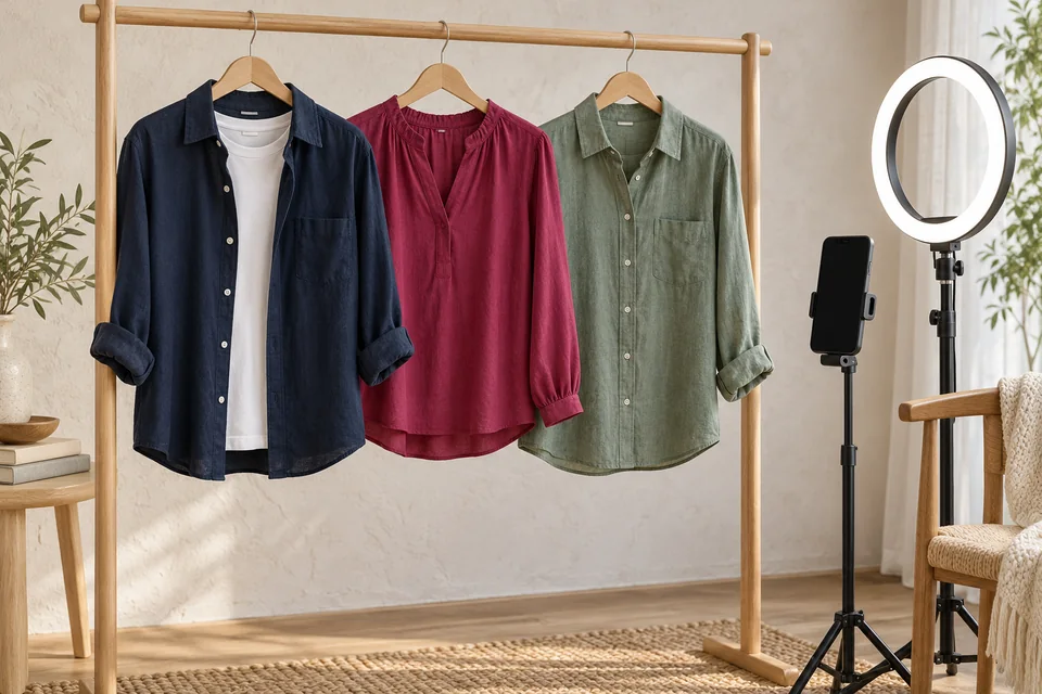 Solid-color tops in navy, soft white, berry and sage on a rail beside a phone tripod and a small light