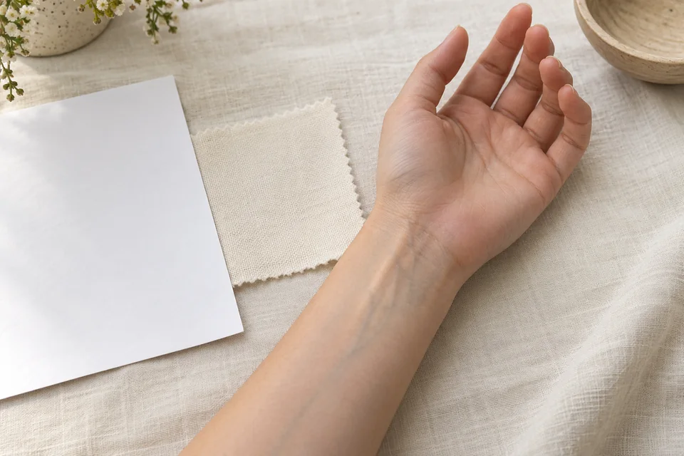 Detalhe da parte interna de um pulso sob luz natural, com veias discretas, junto a papel branco e tecido creme