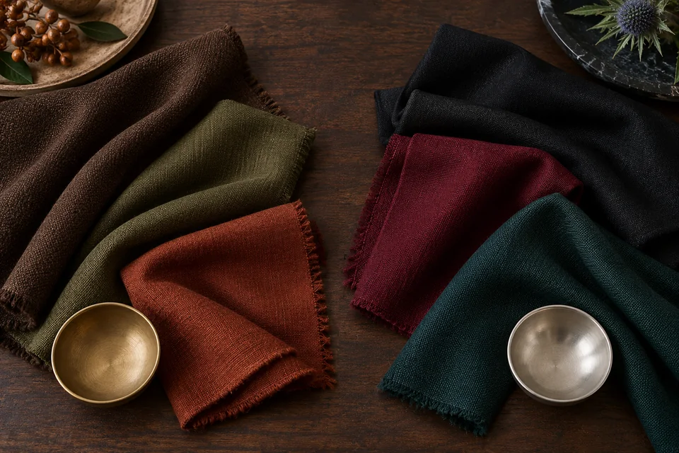 A dark table split in two: chocolate, deep olive, deep rust and brass on the left; black, wine, deep green and silver on the right