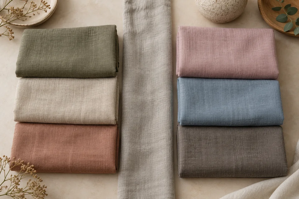 A table split in two: gray olive, oatmeal and warm rose-brown fabrics on the left, dusty rose, misty blue and cocoa-gray on the right, with a gray-beige cloth between