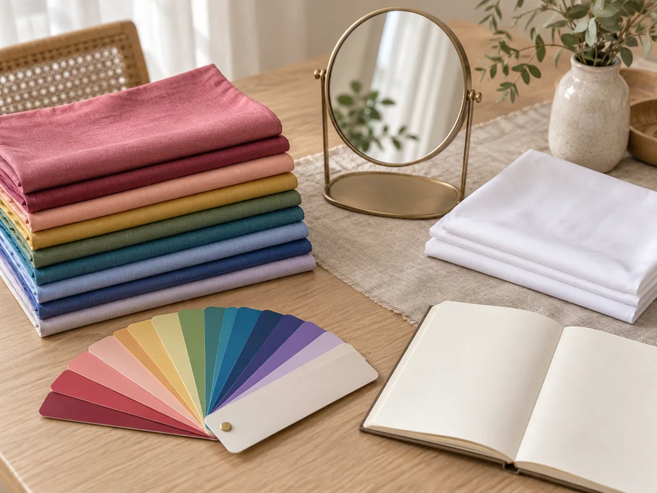 A color analysis kit: a stack of test fabrics, a color fan, a small mirror, a white cape and a blank notebook